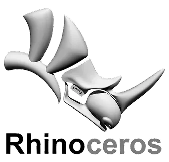 Silver 3D rhinoceros head logo above the word "Rhinoceros" in a bold, black font on a transparent background.