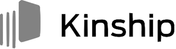 Kinship logo with a stylized open book graphic to the left of the word "Kinship" in a modern, sans-serif font.