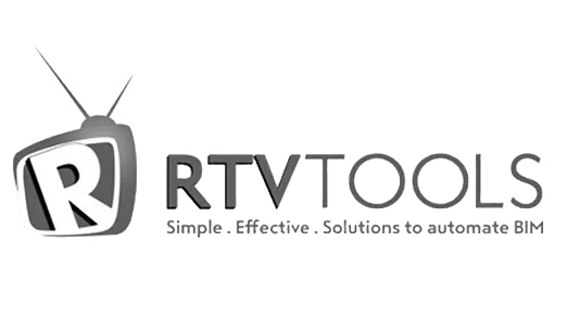 Logo for RTV Tools, featuring a stylized TV with a letter "R" and the tagline "Simple. Effective. Solutions to automate BIM.