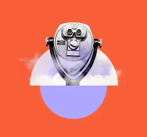 A coin-operated binocular viewer is centered against an orange background with geometric shapes and a cloud effect behind it.