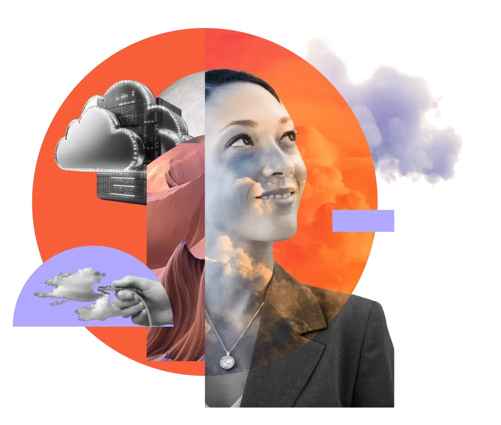 A collage of a woman looking up, clouds, a hand touching a cloud, a server stack, and orange and blue geometric shapes in the background.
