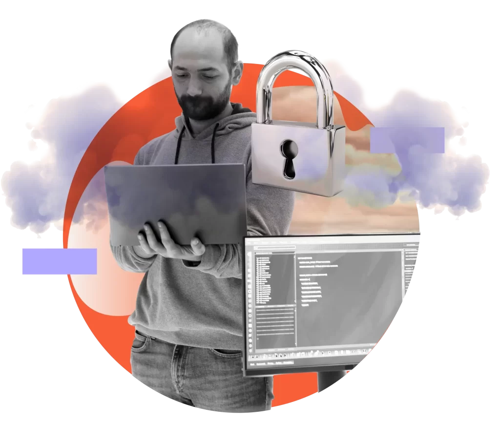 A person using a laptop stands next to a computer monitor with code and a large padlock graphic, set against a background of clouds and a red circle.