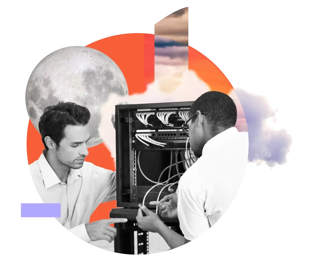 Two men work on a server rack with network cables, set against a background of a moon, clouds, and an orange gradient.