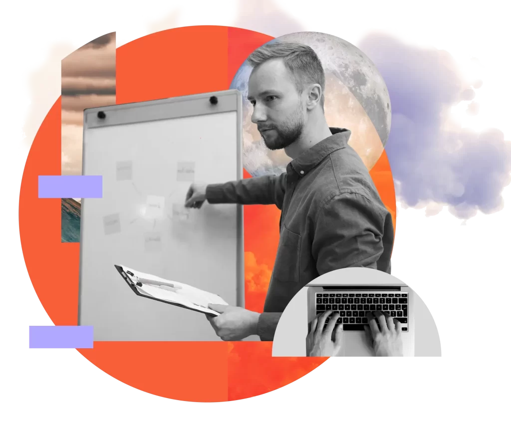 A man points at notes on a whiteboard while holding a clipboard, with a partial laptop and abstract background elements behind him.