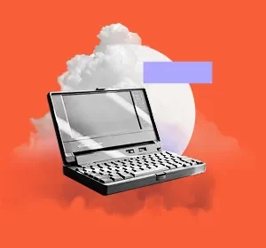 A vintage laptop computer is displayed in front of a large white circle and clouds on an orange background.