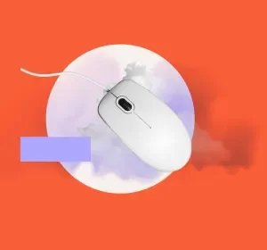 A white wired computer mouse is placed over a circular background with clouds, on an orange backdrop.