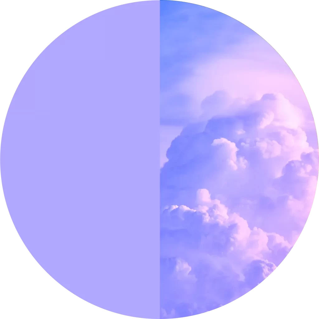 A circle divided vertically; the left half is solid lavender, and the right half shows lavender-tinted clouds against a blue sky.