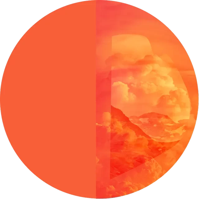A large orange circle is divided vertically; the left half is solid orange, while the right half shows clouds and rocky mountains in warm orange tones.
