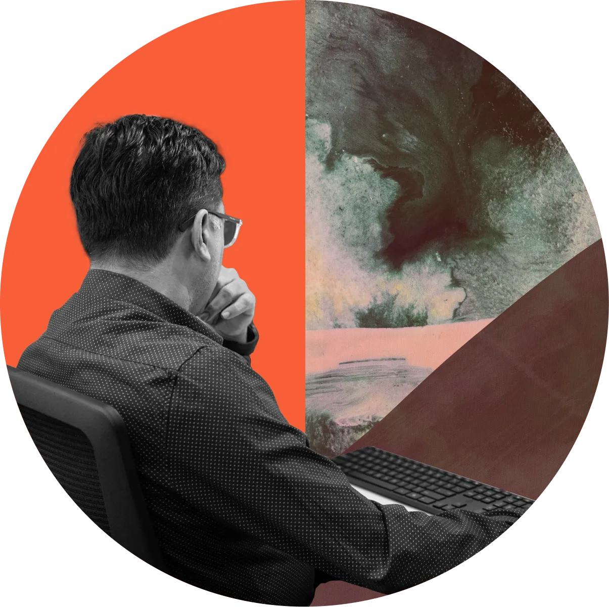 A man sits at a desk with his hand on his chin, facing a computer monitor. The image is split, with one half in grayscale and the other in color with an abstract pattern.